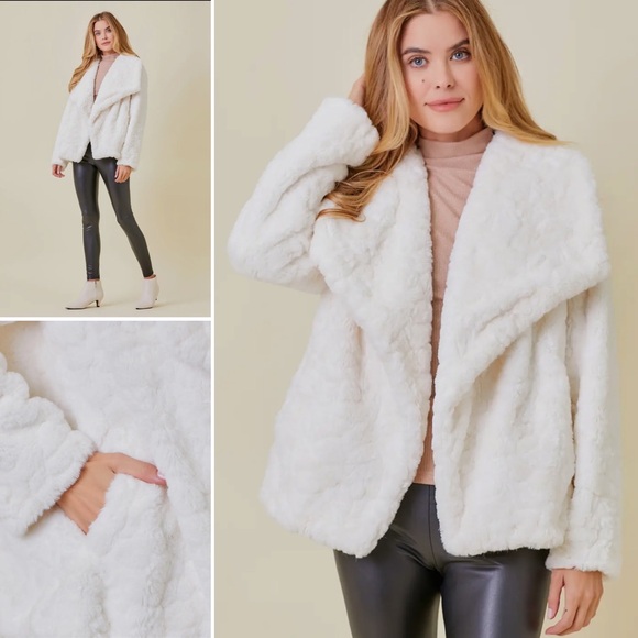 439. Faux Fur Jacket White Wide Lapel Collar With Pockets NEW Item NWT S, M, L - Picture 2 of 9